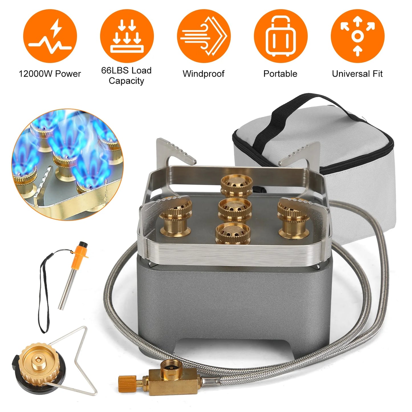 Rising Hikes 12000W 5-Core Windproof Portable Camping Stove with Carrying Case and Igniter