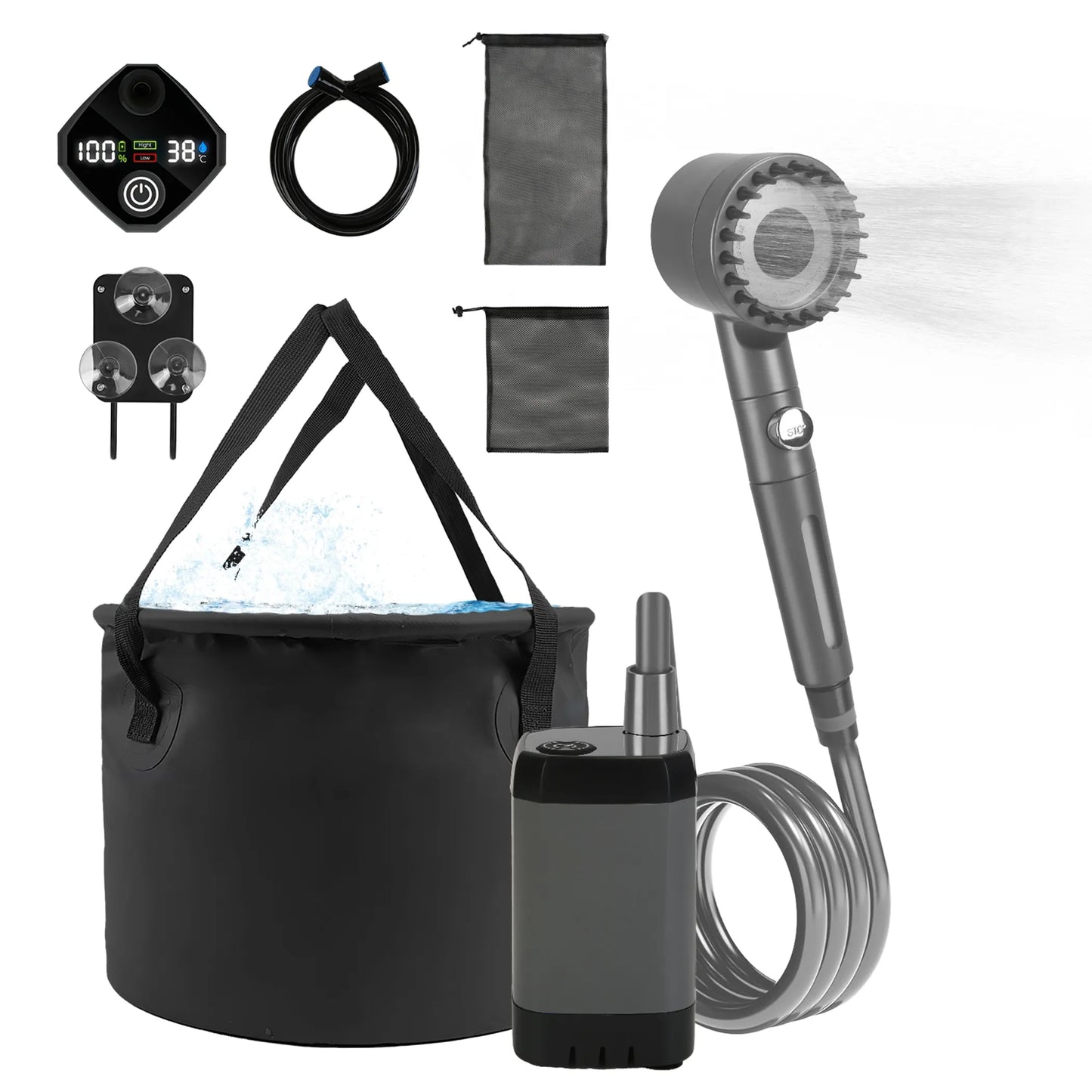 Rising Hikes Rechargeable Camping Shower Pump with Bucket