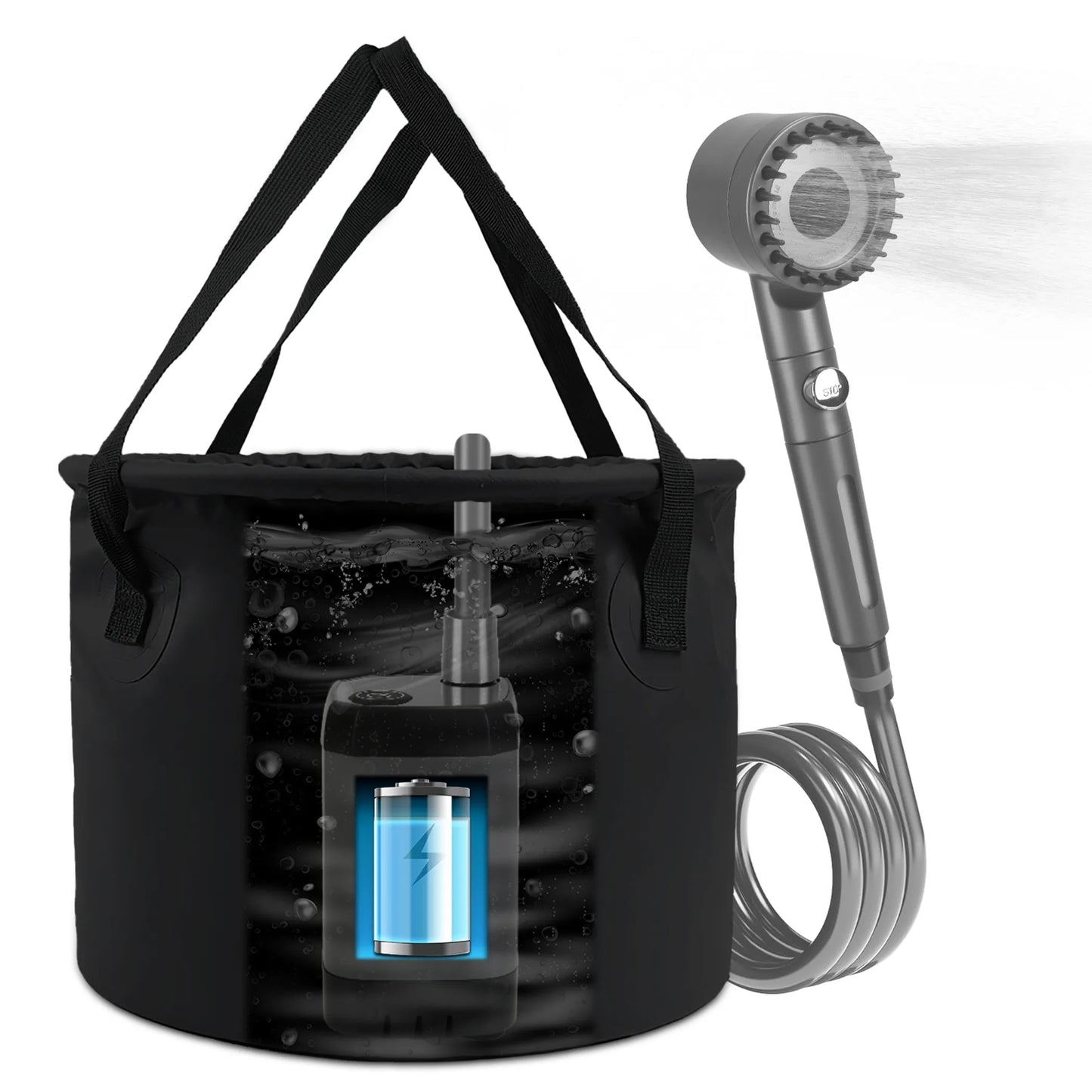 Rising Hikes Rechargeable Camping Shower Pump with Bucket