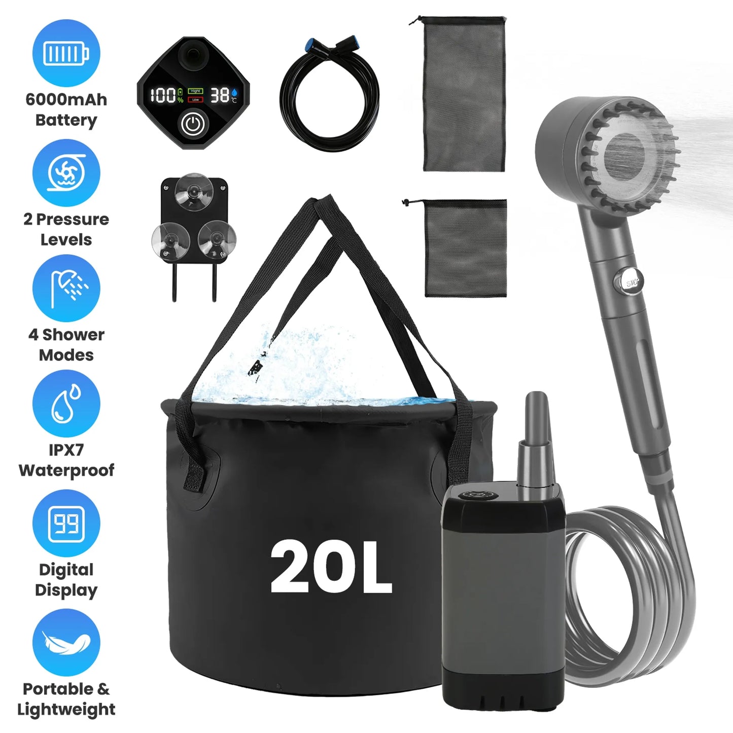 Rising Hikes Rechargeable Camping Shower Pump with Bucket