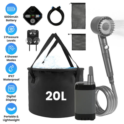 Rising Hikes Rechargeable Camping Shower Pump with Bucket