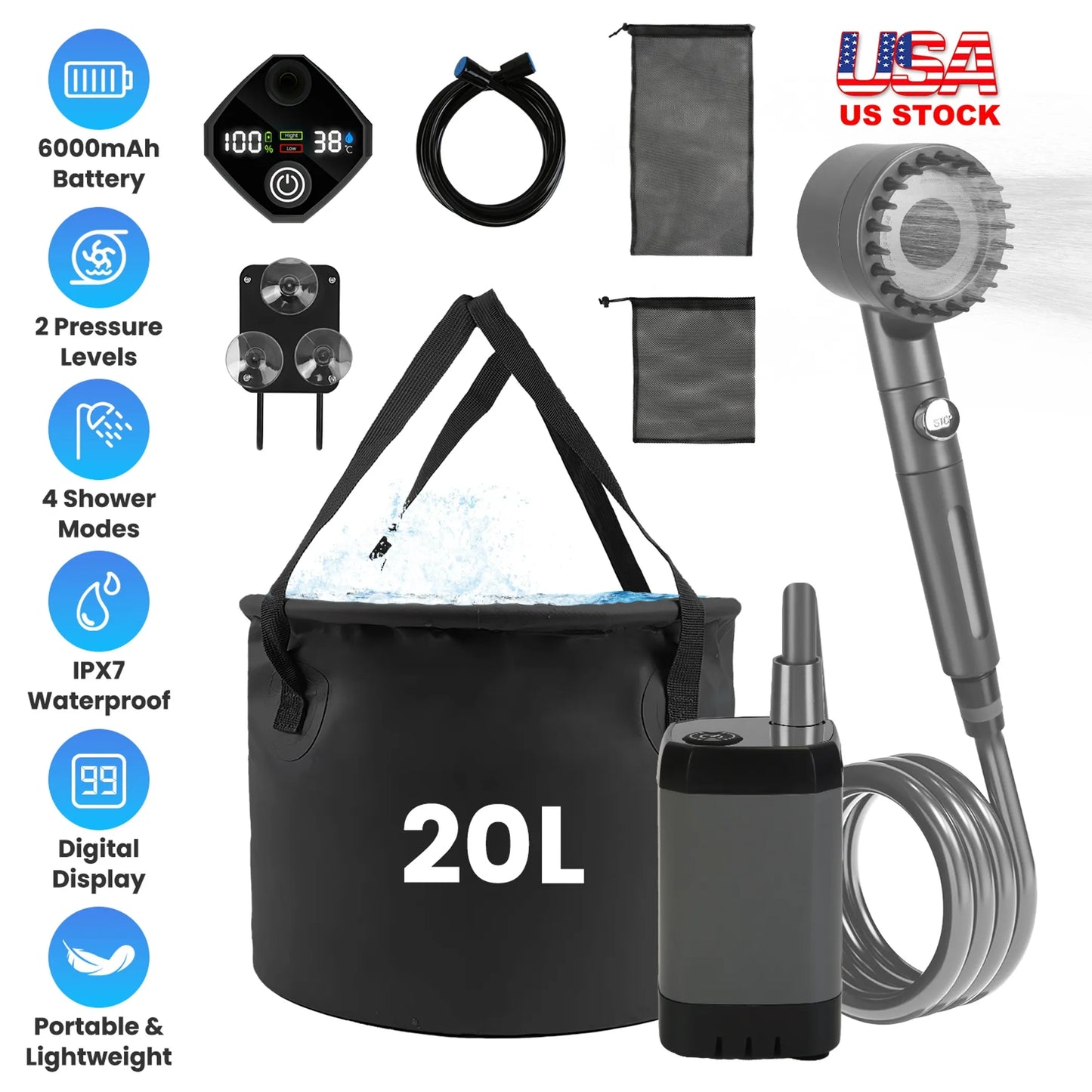 Rising Hikes Rechargeable Camping Shower Pump with Bucket