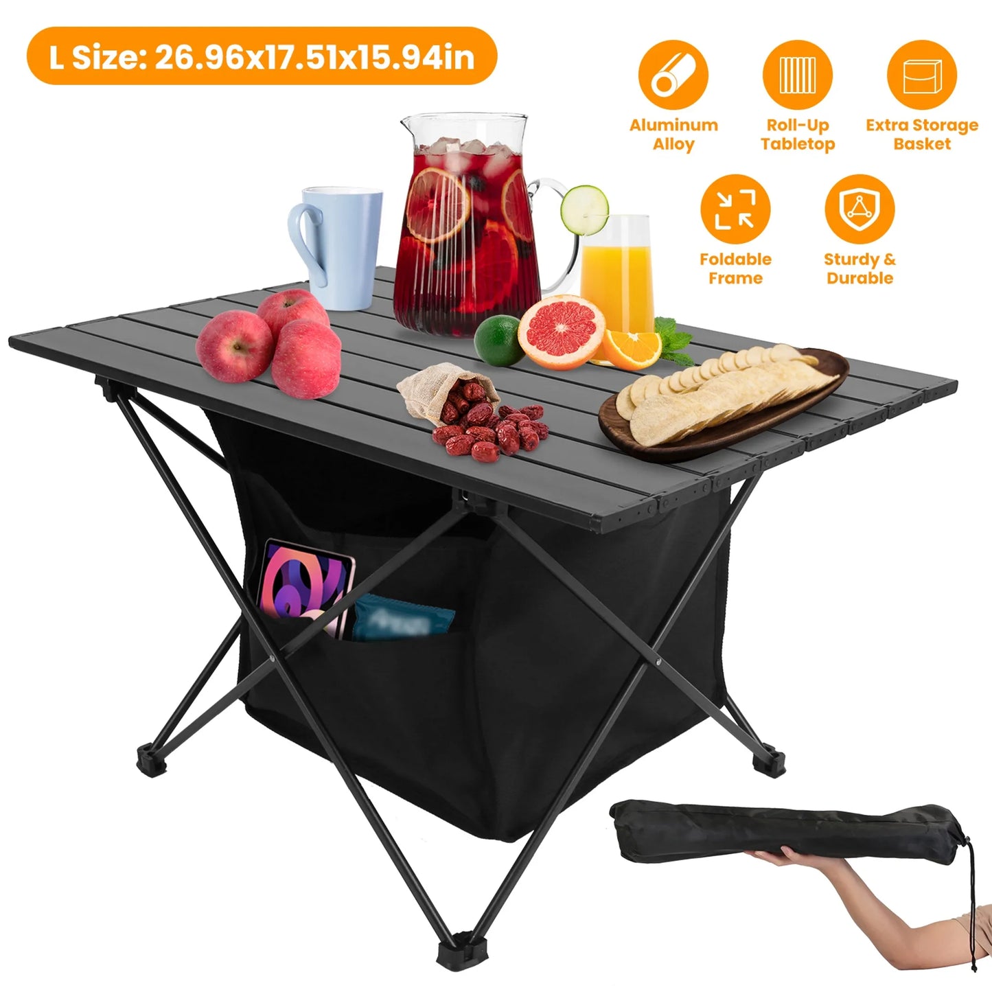 Rising Hikes Heavy-Duty Aluminum Foldable Camping Table with Mesh Storage Organizer and Carry Bag