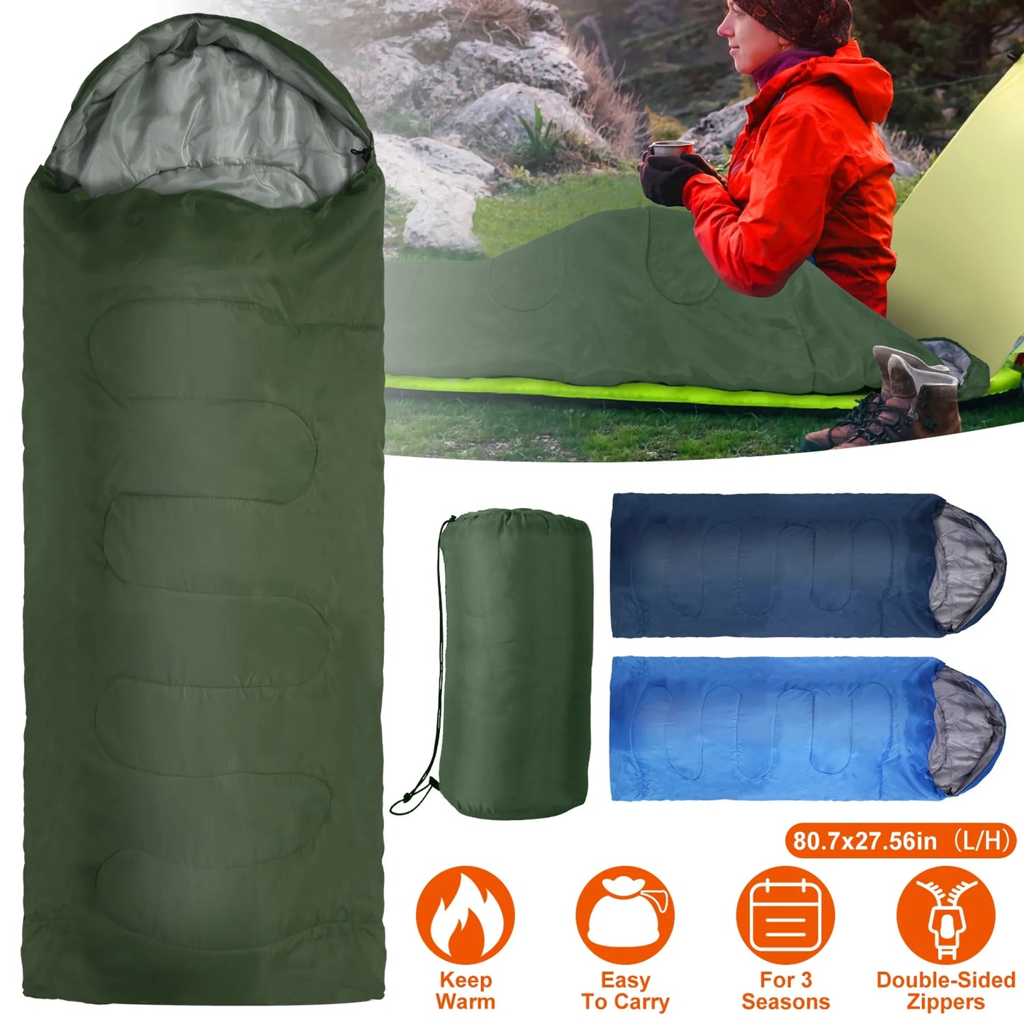Rising Hikes Warm Weather Envelope Camping Sleeping Bag for Adults with Compression Sack