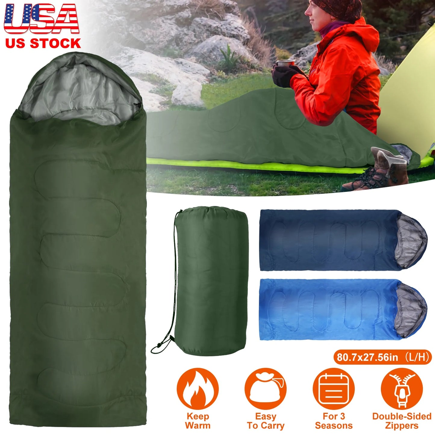Rising Hikes Warm Weather Envelope Camping Sleeping Bag for Adults with Compression Sack