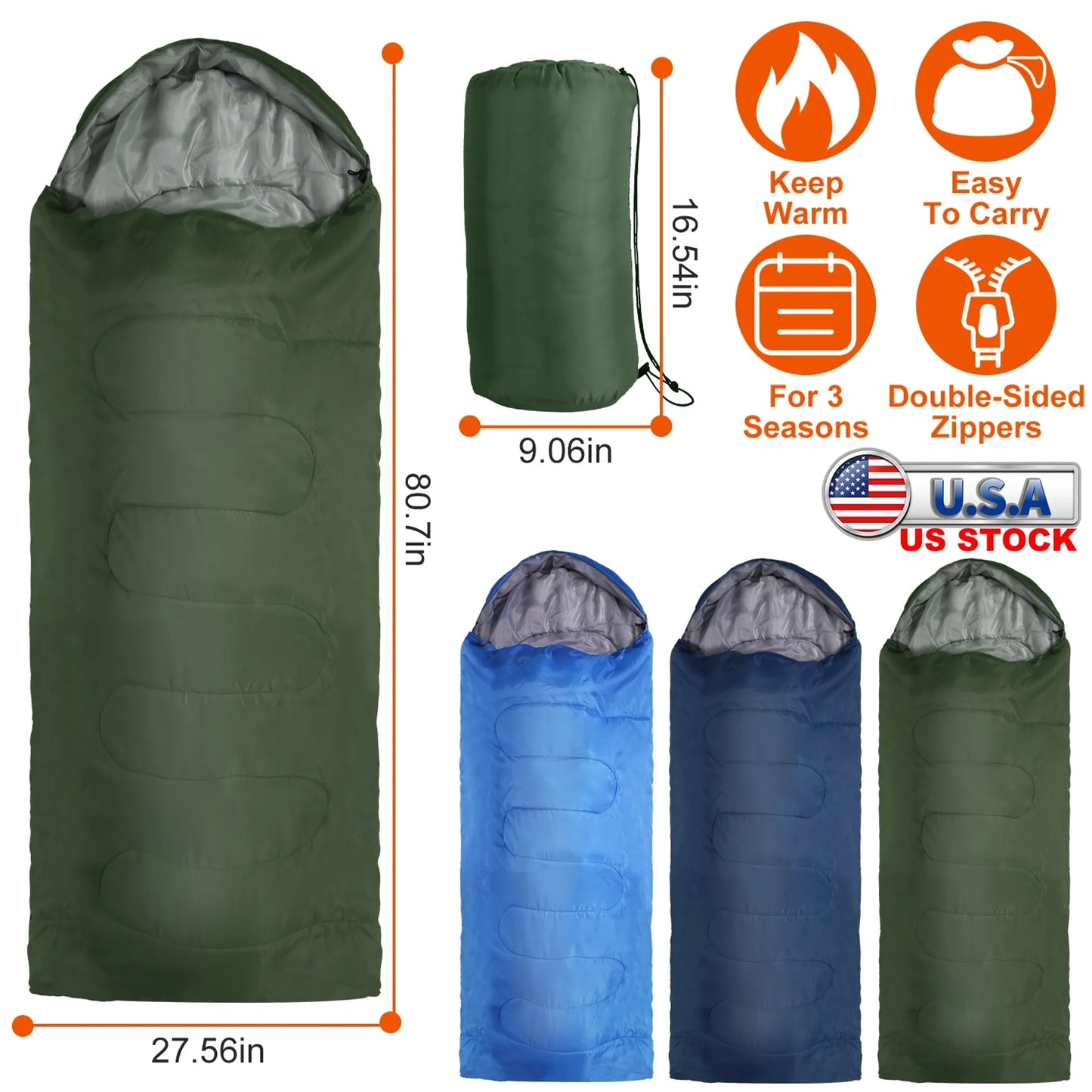 Rising Hikes Warm Weather Envelope Camping Sleeping Bag for Adults with Compression Sack