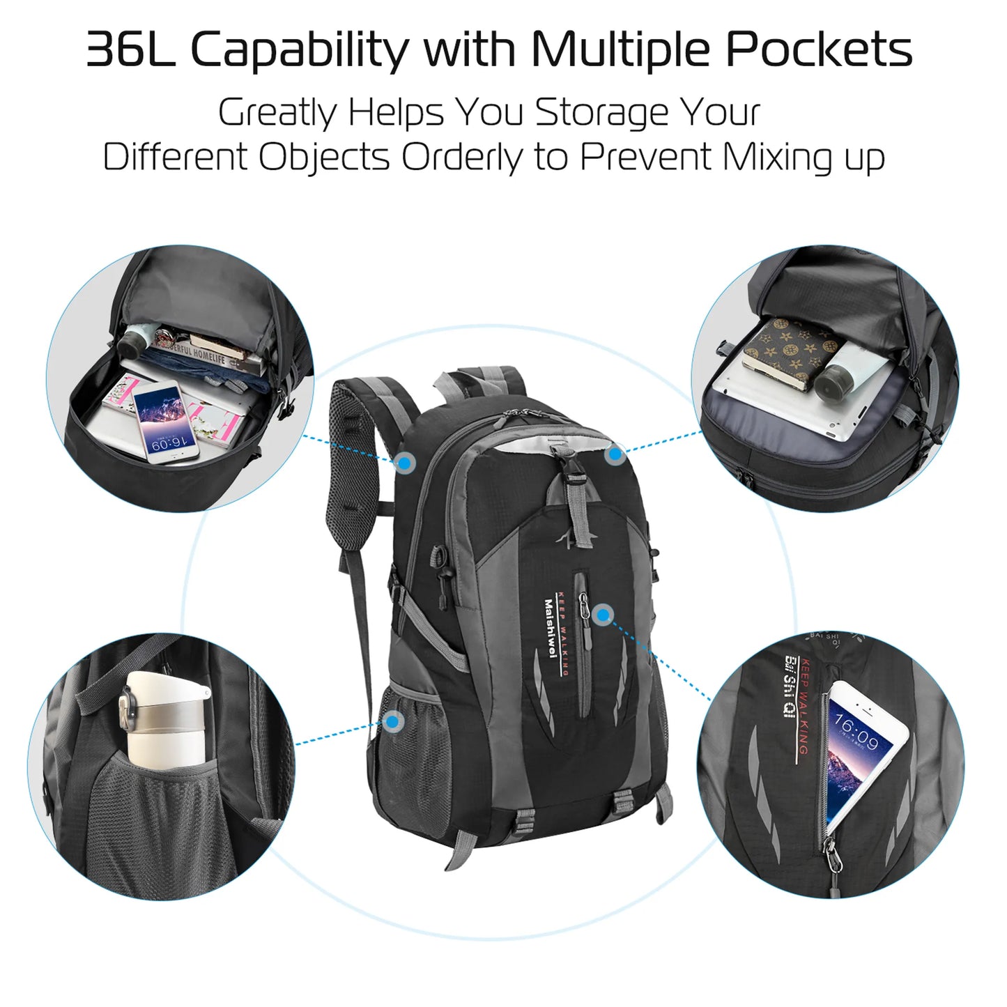 Rising Hikes 36L Outdoor Backpack Multi Compartment Hiking Travel Bag